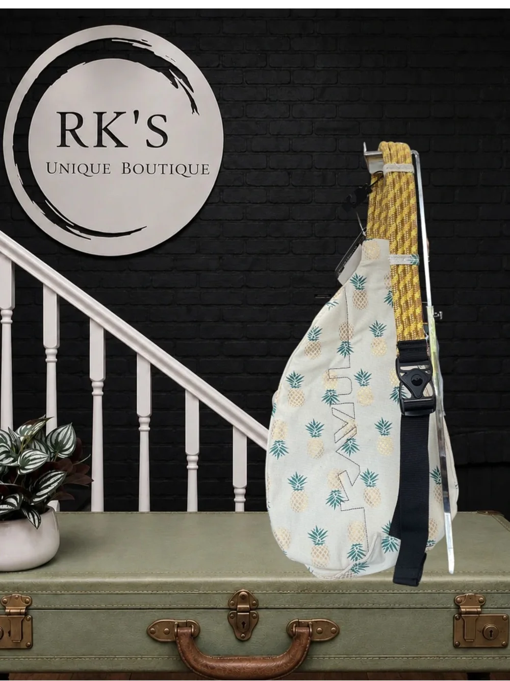 Kavu Cream Sling Bag with Teal Pineapple Print
